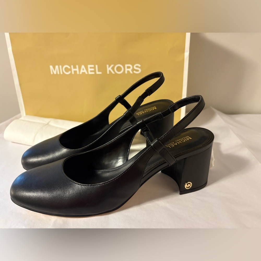 Michael Kors Black Leather Slingback Block Heels with MK Accent